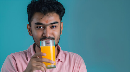 Wall Mural - For breakfast, a young, attractive Desi man wearing a casual shirt is sipping a glass of fresh orange juice or an aerated beverage