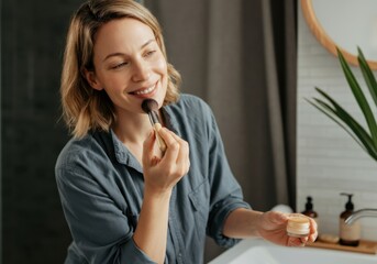 Wall Mural - Woman smiles while applying blush with a brush in her modern bathroom