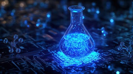 Poster - glowing flask on a circuit board, symbolizing innovation