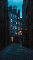  A quiet alleyway at dusk with illuminated windows and cobblestone path.