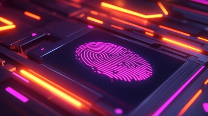 Poster - Futuristic Digital Fingerprint on a Circuit Background with Neon Lights, Symbolizing Cybersecurity and Identity Verification in a Modern Technological Environment