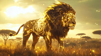 Wall Mural - A lion adorned with luminous solar symbols in gold and bronze, standing proudly on a sunlit savanna, its light reflecting in the dry grasses. 