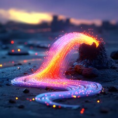 Poster - Mesmerizing fiber optic filaments creating a pulsing swirling display of bioluminescent energy flowing through a dark dystopian avant garde landscape  Surreal otherworldly illumination in a derelict