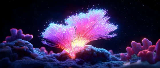 Poster - Striking luminous fiber optic cables casting an ethereal glow on a pitch black backdrop showcasing advanced and innovative digital art with an intricate maze like design that is both mesmerizing and