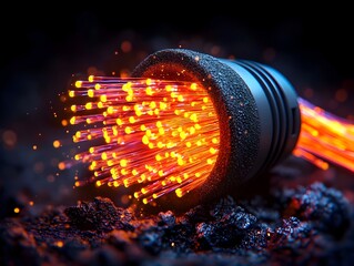 Poster - Dramatic macro view of brightly illuminated sinuous fiber optic cables against a shadowy abstract background radiant and hypnotic evocative of bioluminescent deep sea organisms