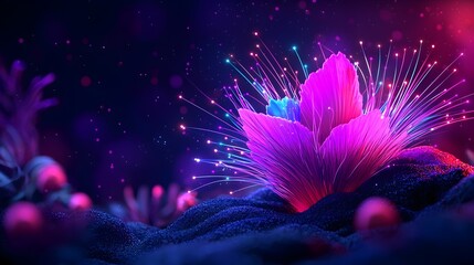 Poster - captivating fiber optic filaments in a kaleidoscope of vibrant pulsing colors against a shadowy ethe
