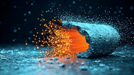 Poster - Captivating abstract image showcasing a hypnotic display of radiant glowing fiber optic strands against a shadowy obscure metallic surface evoking a sense of ethereal luminescence and futuristic