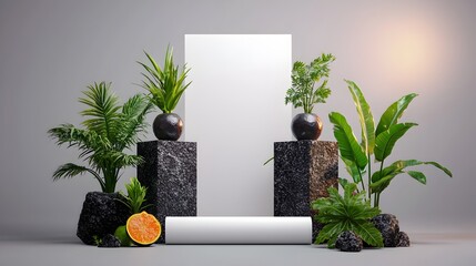 Poster - Minimalistic and modern studio backdrop with a clean white paper roll up banner and simple geometric shapes set in a soft diffused lighting environment  This 3D rendered scene offers a contemporary