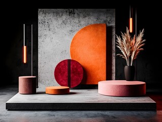 Poster - Dramatic chiaroscuro lighting accentuates the abstract geometric motifs of a minimal roll up display in a sleek modern studio environment