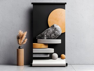 Poster - Sleek and Minimalist Roll Up Banner Template with Abstract Geometric Patterns Dramatic Chiaroscuro Lighting and Contemporary 3D Rendered Elements for Professional Presentations and Marketing Displays