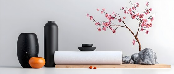 Poster - Elegant Minimal Roll up Banner Template with Natural Studio Lighting Monochromatic Tones and 3D Modeling Technique  Suitable for Corporate Marketing and Advertising Presentations