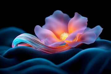 Poster - Intricate close up portrait of illuminated pulsating fiber optic tendrils coiled on a muted velvety backdrop evocative of a futuristic bioluminescent landscape  Abstract organic
