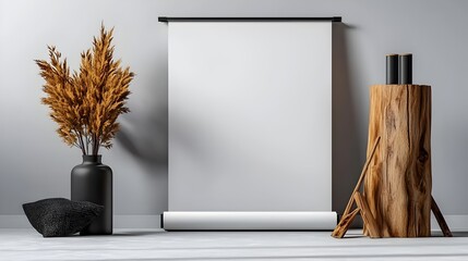 Poster - Blank Minimalist Roll Up Advertisement Displayed in a Simple Well Lit Studio Environment with Clean Lines Soft Lighting and a Contemporary Modern Aesthetic