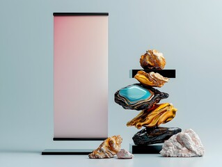 Poster - Minimalist and Modern Rollup Advertisement Mockup in a Pristine White Studio Setting with Reflective Acrylic Geometric Shapes and Dramatic Side Lighting Innovative 3D Digital Artwork