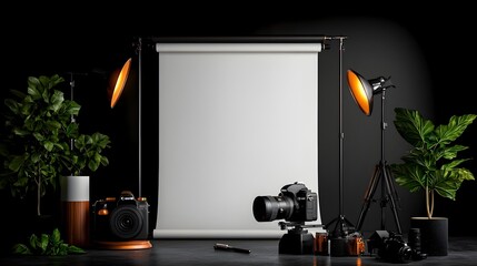 Poster - Blank Monochrome Roll up Display in a Minimalist Photography Studio with Dramatic Lighting and High end Equipment Creating a Sleek and Professional Setting for Product Showcase or Advertising