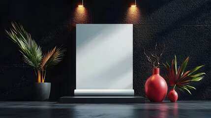 Poster - Minimalist photography backdrop with blank roll up display directional spotlights casting dramatic shadows and a sleek 3D concept for product showcase and commercial advertisement