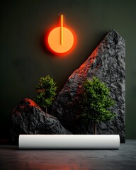 Poster - Minimalist Photography Studio Backdrop with a Solitary White Roll up Display Stand High Contrast Dramatic Lighting and Cinematic 3D Rendering