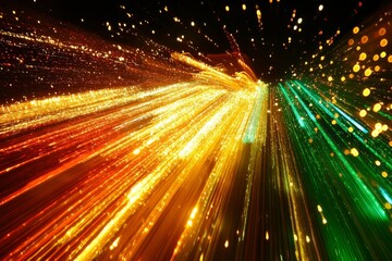 Poster - Stunning Abstract Light Trails Background with Vibrant Colors of Orange, Yellow, and Green Creating a Sense of Motion and Energy in a Radiant Display