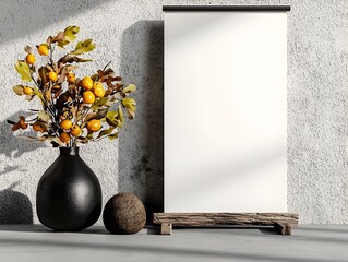 Poster - Blank minimalist roll up banner in a stark studio space with a single dramatic spotlight high contrast shadows and clean elegant product presentation