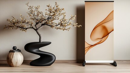 Poster - Unprinted roll up banner showcased in a calm serene studio setting with muted tones minimalist decor natural lighting wooden floor and subtle textures for a modern photographic 3D rendering