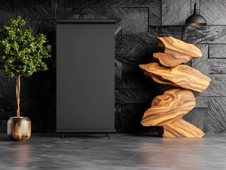 Poster - Blank roll up banner displayed in a contemporary softly lit photography studio setting  The banner has a smooth matte finish and even illumination complementing the modern studio decor