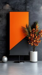 Poster - Minimalist photography studio setup with a blank roll up banner simple background with directional lighting clean lines and geometric shapes ideal for professional product showcase