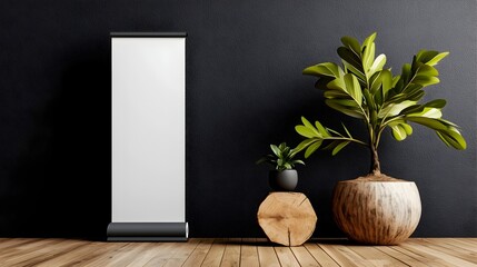 Poster - Unprinted roll up banner displayed in a calm serene studio setting with muted tones minimalist decor natural lighting and wooden floor  The banner has a photographic and modern 3D rendering