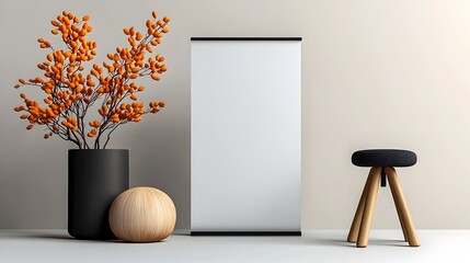 Poster - Elegant and sophisticated roll up banner stand positioned in a light filled minimalist studio scene with clean modern decor and cinematic high key lighting for professional product presentations