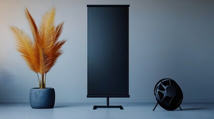 Poster - Empty roll up banner stand placed in a simple well lit studio setting featuring a minimalist design with clean lines modern aesthetic and softly diffused lighting for a contemporary and rendering