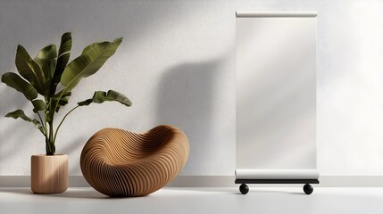 Poster - Sophisticated light filled studio scene featuring a blank roll up banner stand positioned in a clean modern and minimalist interior with soft natural lighting and a high key