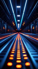 Poster - A captivating view of a dark tunnel illuminated by blue and orange lights, creating a futuristic and dynamic atmosphere.