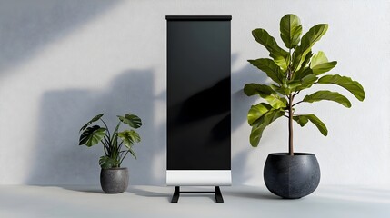 Poster - Empty roll up banner stand displayed in a simple well lit studio setting featuring a minimalist design with clean lines and a modern aesthetic