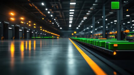 Poster - A spacious, modern warehouse featuring illuminated pathways and green conveyor belts, designed for efficient logistics and storage operations.