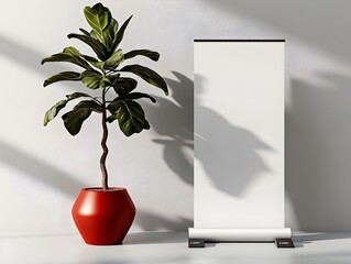 Poster - Blank corporate roll up banner displayed in a bright well lit studio setting with elegant shadows and highlights  3D rendering with a sophisticated style and dramatic lighting