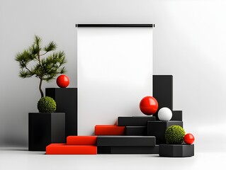 Poster - Blank roll up advertisement in a bright airy studio setting with simple geometric shapes sleek typography