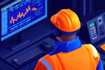 Aufkleber - A worker in an orange safety vest and helmet monitors data on a computer screen displaying graphs and statistics in a control room.