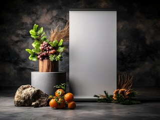 Poster - Minimal Blank Roll up Banner in Contemporary Photography Studio with Softly Lit Matte Display and Even Illumination for Versatile Branding Marketing and Advertising Purposes
