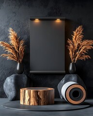 Poster - Minimalist 3D visualization of a blank roll up display with crisp directional lighting creating a clean modern and professional backdrop for product showcases