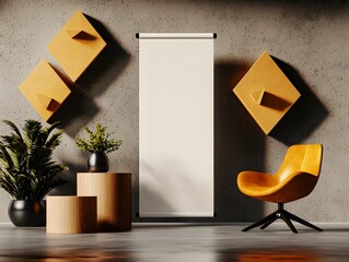 Poster - Blank white roll up banner displayed in a minimalist studio setting featuring an abstract geometric composition with soft shadows and even lighting