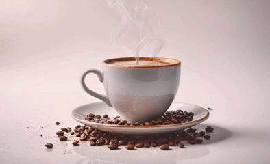 Aufkleber - White coffee cup with a white saucer is sitting on a table with a lot of coffee grounds scattered around it. The coffee cup is almost full, with a small amount of liquid still visible at the top