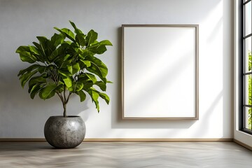 Poster - Sophisticated and Calming Office Corner with Flawless White Backdrop Lush Potted Plant and Expansive Natural Lighting from Tall Windows   Ideal for Product Showcasing and Minimalist Design