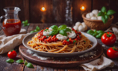 Poster - Plate of spaghetti with cheese and basil on top. There are also tomatoes and basil on the table