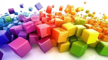 Poster - Colorful 3D cubes exploding, vibrant rainbow colors, glossy texture.