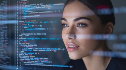Poster - A focused woman gazes at coding on a screen, symbolizing technology and innovation.