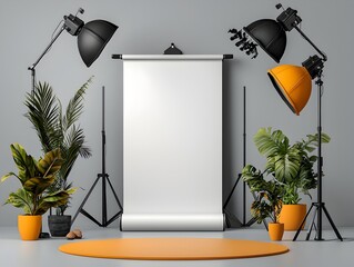 Poster - Blank monochrome roll up display set up in a bright airy studio with a crisp and modern aesthetic