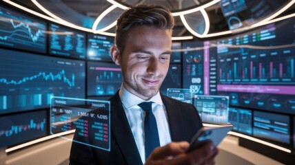 Poster - A businessman using a smartphone in a high-tech office with data displays.
