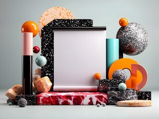 Poster - Blank and clean minimal roll up presentation display with simple geometric shapes lines and high end 3D materials in a bright airy studio environment with a contemporary industrial chic aesthetic