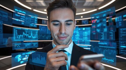 Poster - A businessman uses a smartphone in a high-tech financial environment with data displays.
