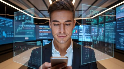 Poster - A man in business attire interacts with a smartphone, surrounded by digital financial data.