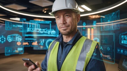 Poster - A construction worker using a smartphone with digital overlays in a modern workspace.